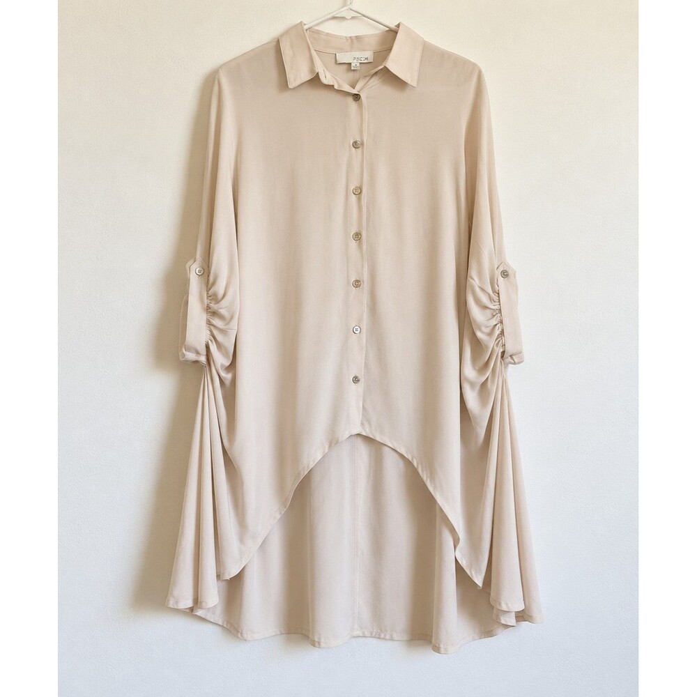 Pinch S Oversized Ivory High Low Tunic Blouse Rayon Tencel Ruched Sleeve